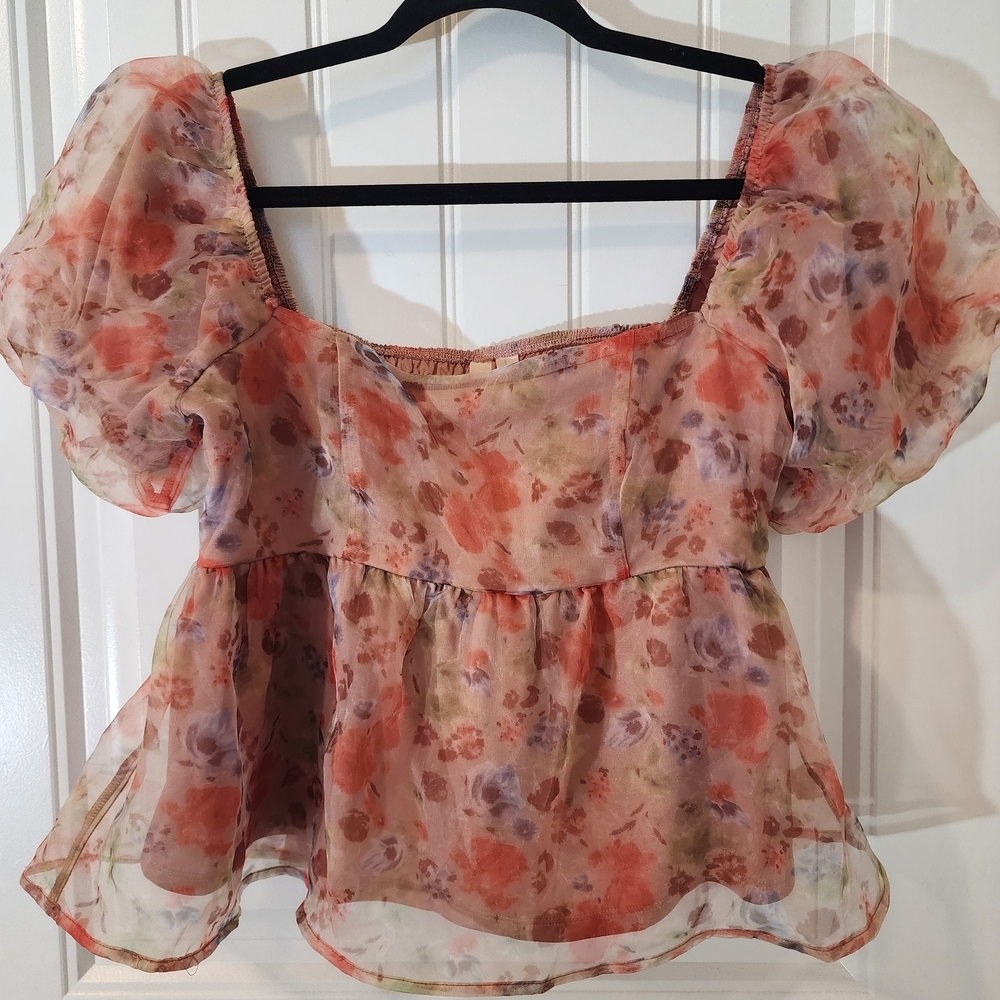 Charmed Hearts Multi Color Pink Floral Peplum Puff Sleeve Romantic Blouse